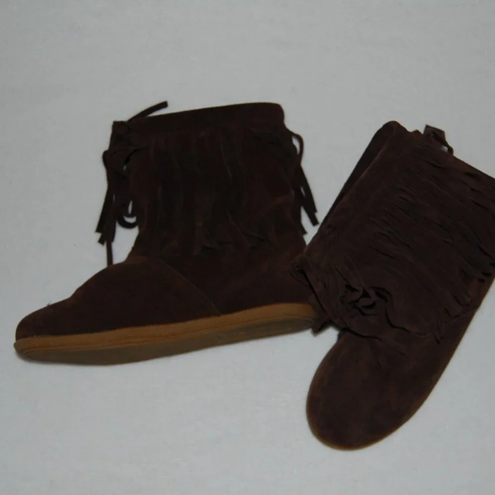 Nine West Genuine Leather Suede Fringe Boots, US 8M, Fur Lined, Chocolate Brown